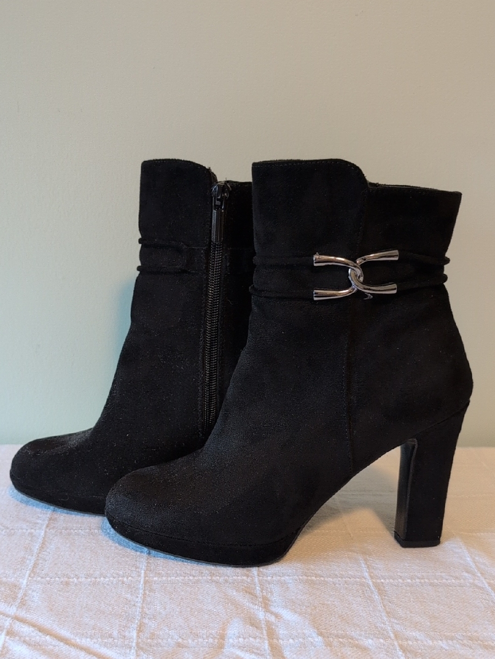 Women’s Black Suede Ankle Boots with Metal Accent
